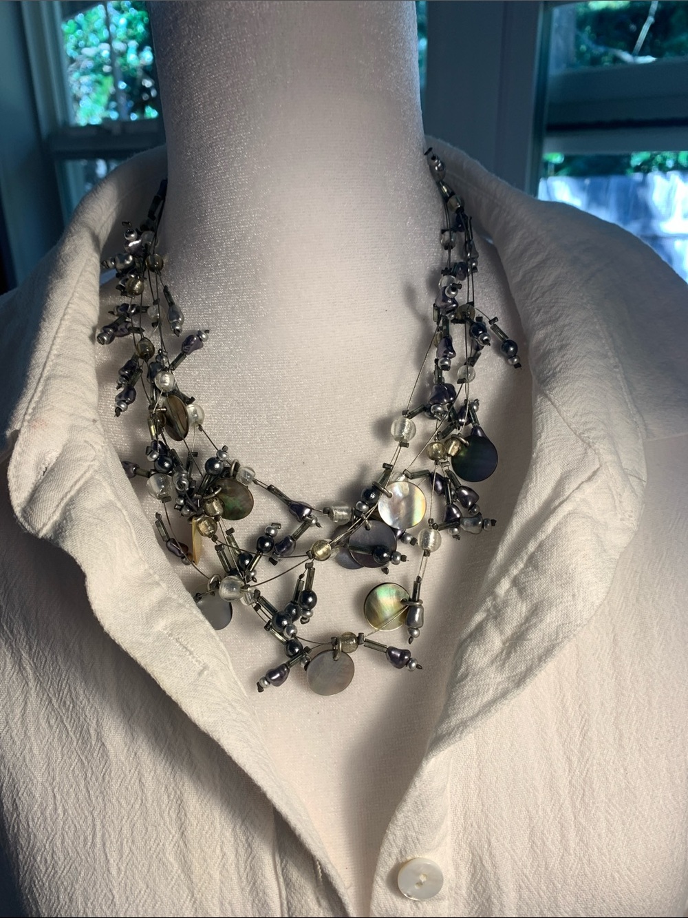 Chico's Iridescent Mother-of-Pearl Multi-Strand Necklace with Dark Pearl Accents